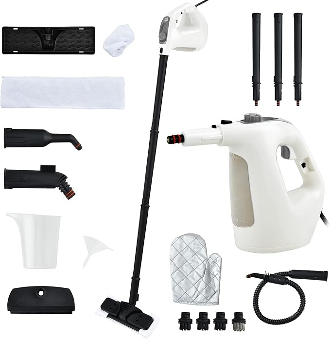 COSTWAY Handheld MultiPurpose Steam Cleaner with 17 Pieces, 350ml Large Capacity Steam Mop Continuous Fill water, Portable Chemical-Free Steamer for Home Use, Floors, Windows, 1400W, Grey