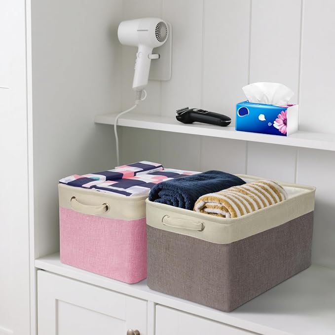 BALEINE 3 Pack Fabric Storage Bins for Shelves, Linen Storage Baskets for Organizing, Decorative Closet Bins for Clothes, Home (Lavender, 15''x11''x9.5'')