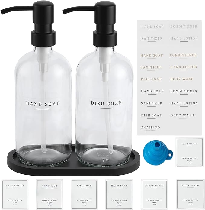 Glass Soap Dispenser - Dish Hand Soap Dispenser for Kitchen, Bathroom Soap Lotion Dispenser with 304 Rust Proof Pump, Tray, Clear Bottle/Black Pump