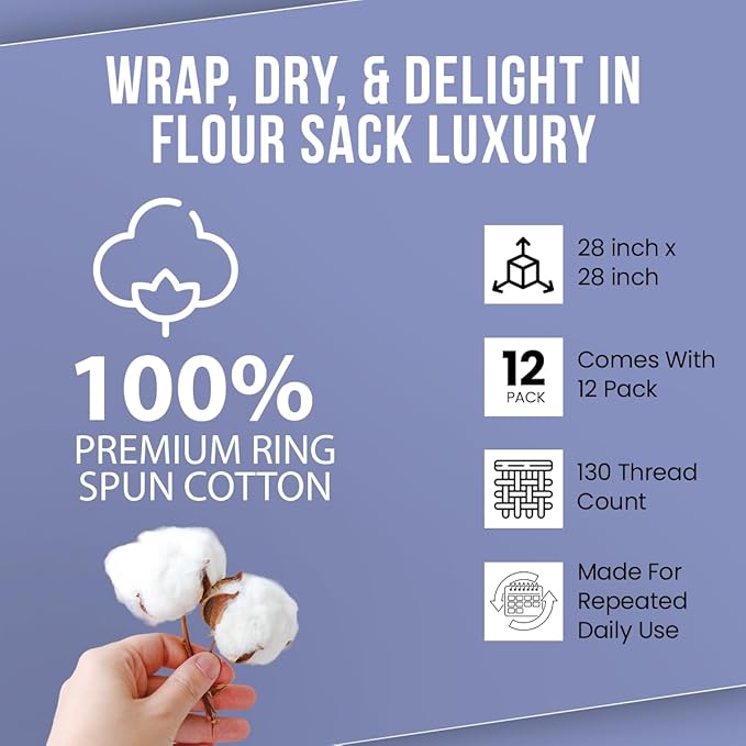 WHITEWRAP Flour Sack Towels| Tea Towel for Crafts| Kitchen Dish Cotton Blank Towel for Embroidery|Baking Bread Proofing Linen Cover| Thick Absorbent Quick Dry|12Pack 28"x28" Natural