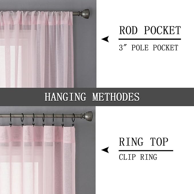 Tollpiz Short Sheer Curtains Living Room Linen Textured Curtain Sheers Light Filtering Voile Rod Pocket Curtains for Bedroom, 38 x 45 inches Long, Pink, Set of 2 Panels