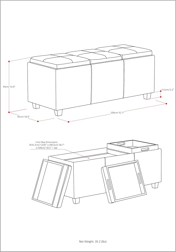 SIMPLIHOME Avalon 42 inch Wide Contemporary Rectangle Storage Ottoman in Stone Grey Vegan Faux Leather, Assembled, For the Living Room, Entryway and Family Room
