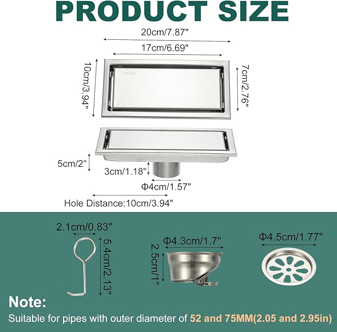 uxcell Rectangular Shower Drain, Brushed 304 Stainless Steel Odor-Proof Floor Drain Linear Shower Drain Hair Catcher for Bathroom Kitchen and Laundry Room(8 Inch, Brushed Silver)