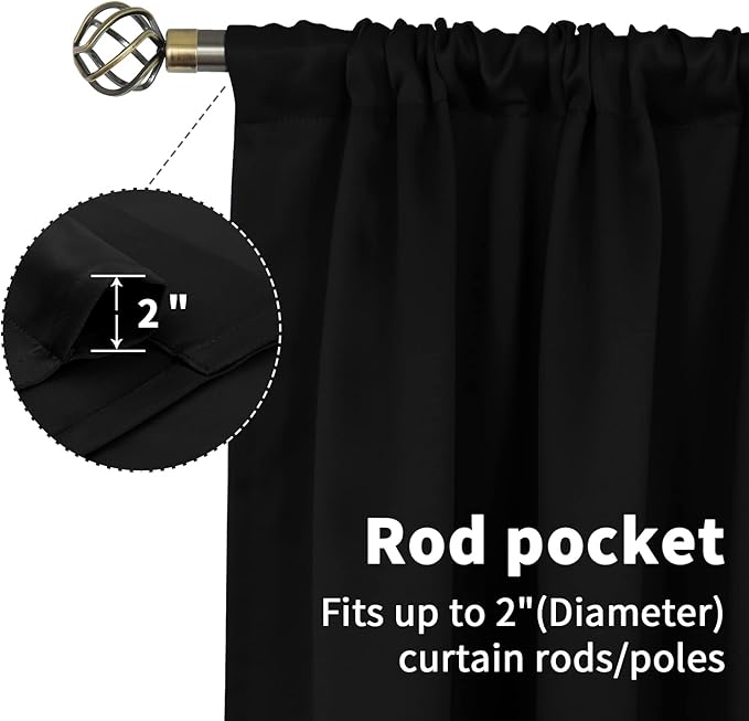BGment Rod Pocket Blackout Curtains for Bedroom - Thermal Insulated Room Darkening 52 Width 63 Inches Length Window Curtain for Living Room, 52 x 63 Inch, 2 Panels, Black