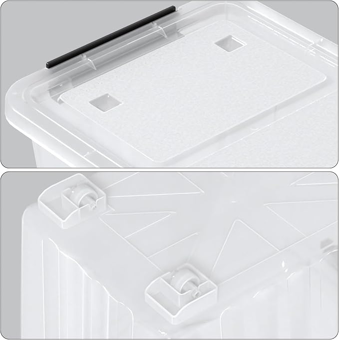 50 Quart Large Plastic Latching Box with Lid, Clear Storage Bin with Wheels, Stackable, 4 Packs