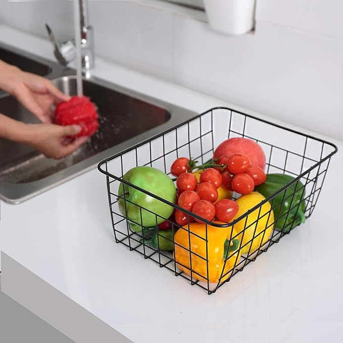 Kitchen Wire Baskets Farmhouse Decor Metal Food Storage Organizer,Household Refrigerator Bin with Built-in Handles for Cabinets,Pantry,Bathroom,Black