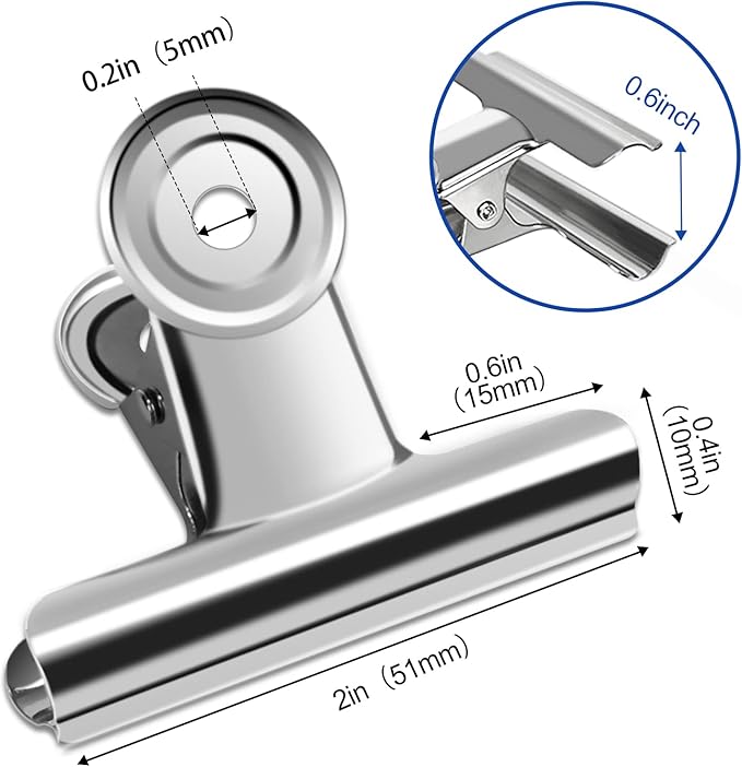 20 Pack Large Metal Hinge Clips 2 Inches Bull Hinge Paper Clips for Crafts, Photo, Drawing, Food Bags at Home, Office, School, Shop - Silver, 51mm