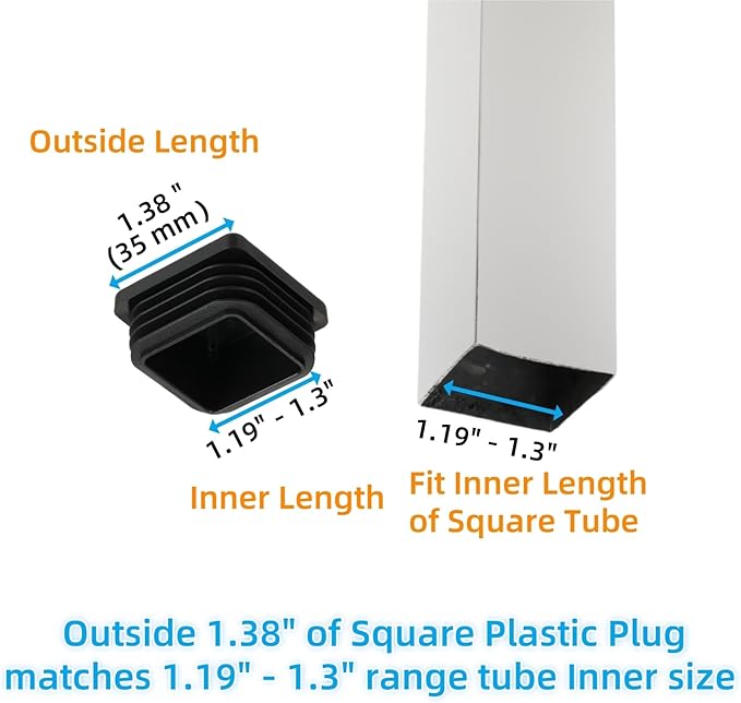 Furnigear Plastic Plugs Tubing End Cap Chair End Caps Outside Bottom Tubing Caps Square Furniture Sliders Glides Black (24, Fit 1.19-1.3" Square Tube Inner Size)