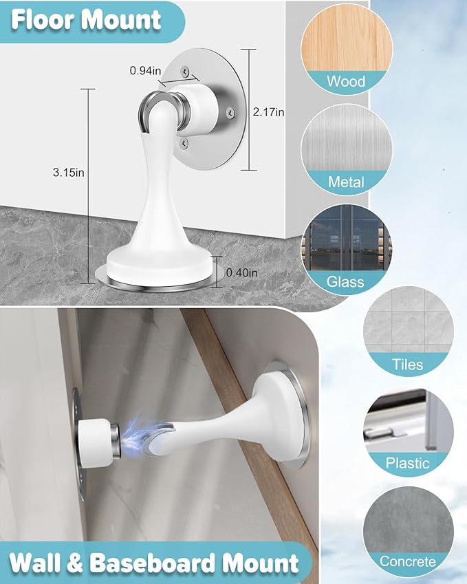 Magnetic Door Stoppers Door Catch - 4 Pack Stainless Steel Heavy Duty Door Stops for Bottom of Door, Wall & Floor Mounting No-Drill Strong Adhesive & Screws, Strong Door Holder to Keep Door Open