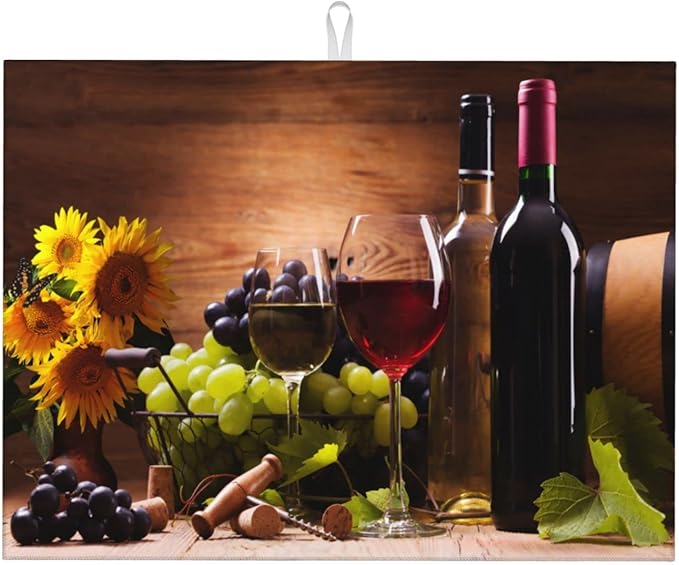 Red Wine Grape Vintage Wooden sunflower Microfiber Absorbent Reversible Dish Drying Mat For Kitchen Counter Xl Large Pad 18 X 24 Inch