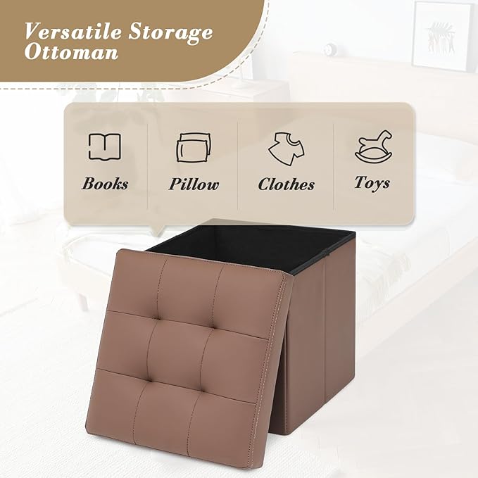 Athena Collection 15" Storage Ottoman Bench Folding Bench with 40L Hidden Storage, Small Cube Ottoman PU Leather Foot Rest Stool Chest with Flipping Lid for Living Room, Bedroom, Entryway, Brown