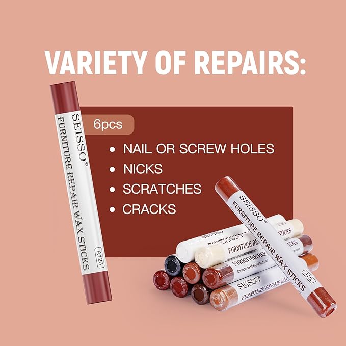 SEISSO Furniture Repair Crayon, 6 Pcs - Wood Filler Sticks, Scratch Repair Wax, Furniture Marking Repair - Scratch, Cracks, Hole, Table, Wood Floor, Guitar, Covering, Instrument Fill Sticks-Redoak