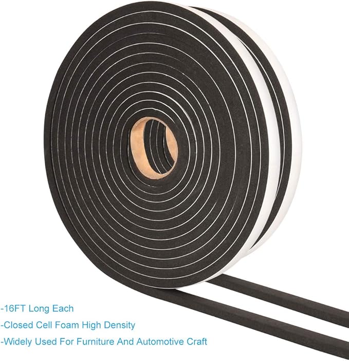 2 Rolls Foam Tape Weatheratrip for Door Window Insulation, Single Sided Foam Strips Adhesive, High Density Foam Seal Tape, Closed Cell Foam Seal Strip Tape(1/2"Wx1/4"Tx32FT, Black)