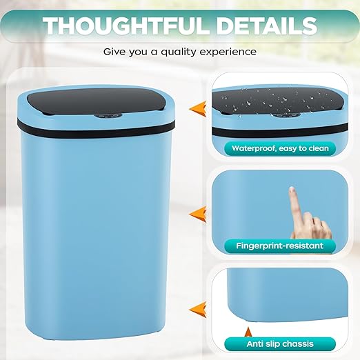 Automatic Motion Sensor Bathroom Trash Can with Lid, 13 Gallon Touchless Trash Bin, Smart Dog Proof Garbage Can, Touch Free Waste Basket for Toilet, Office, Bedroom,Blue