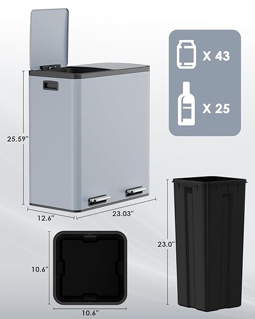 AthLike 60L(16 Gal) Dual Trash Can, Stainless Steel Kitchen Garbage Can, Double Compartment Classified Rubbish Bin, Recycle Dustbin w/Plastic Inner Buckets, Soft-Close Lid, Airtight (Haze Blue)