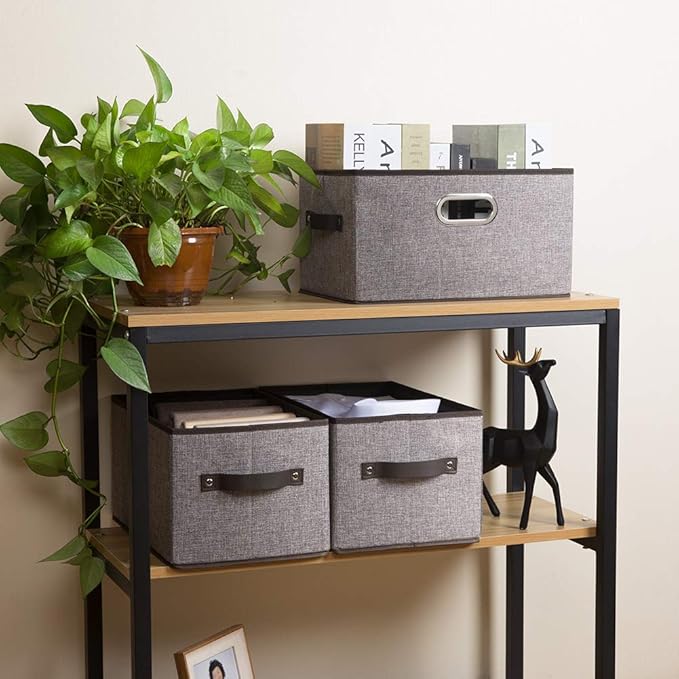 PRANDOM Large Collapsible Storage Baskets for Closet [5-pack] Decorative Fabric Storage Bins Cubes with Leather/Metal Handles for Shelves Bedroom Living Room Grey (14.9x9.8x8.3 Inch)