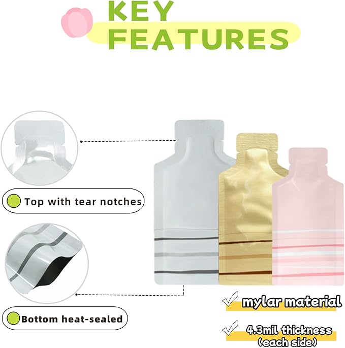 100 Pack 1.97x4.3 inch Heat Seal Sample Mylar Packets for Portable Travel Toiletries Empty Disposable Liquid Shampoo Pouch Single Serving Coffee Powder Condiments Food Storage (White)