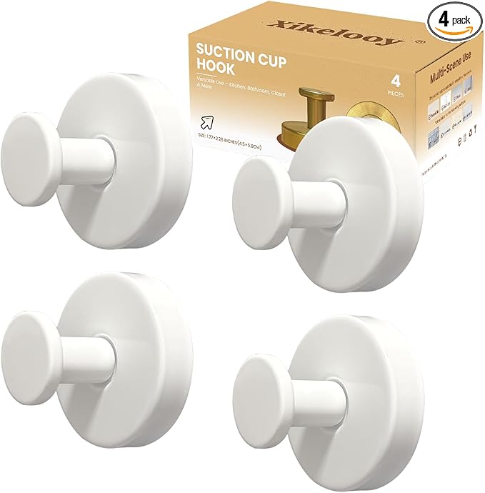 4pcs Suction Cup Hooks for Shower,Shower Towel Suction Hooks,No Drill Towel Hooks for Bathroom Wall,Kitchen,Glass,Mirror,Tile to Hang Towels,Robes,Loofah (White)