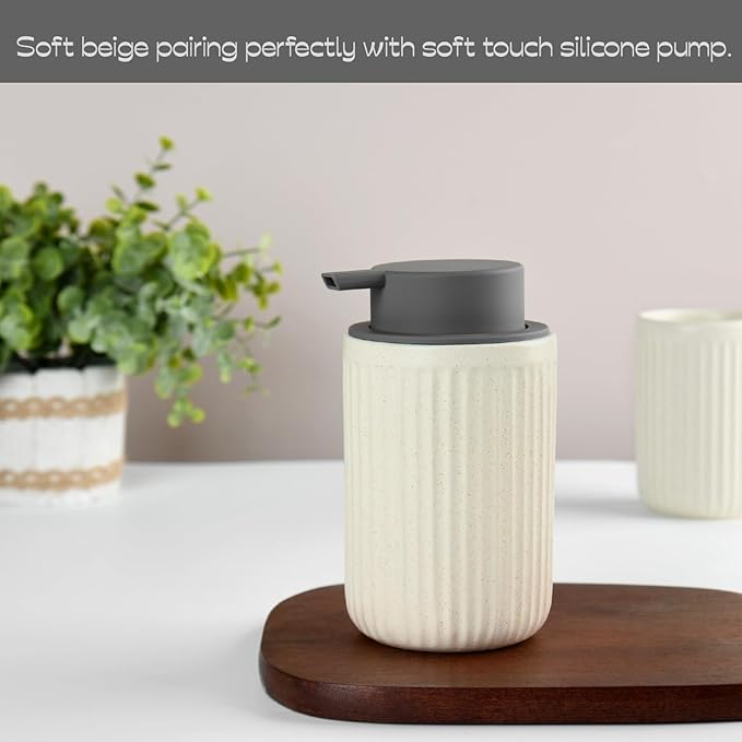 Beige Ceramic Foaming Soap Dispenser, Speckled Rippled 12 oz Bottle with Gray Silicone Pump, Foam Dispenser for Kitchen or Bathroom, Speckled Beige