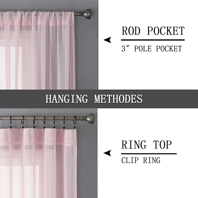Tollpiz Short Sheer Curtain Linen Textured Bedroom Curtains Sheer Light Filtering Rod Pocket Voile Curtain for Living Room, 54 x 54 inches Long, Pink, Set of 2 Panels