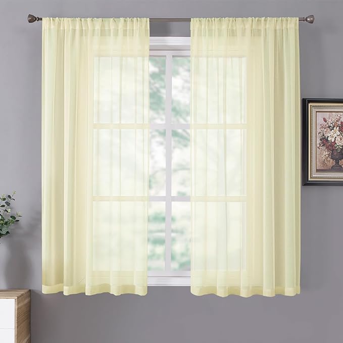 Tollpiz Sheer Curtains Linen Textured Living Room Curtain Sheers Light Filtering Rod Pocket Voile Curtains for Bedroom, 42 x 63 inches Long, Transparent Yellow, Set of 2 Panels