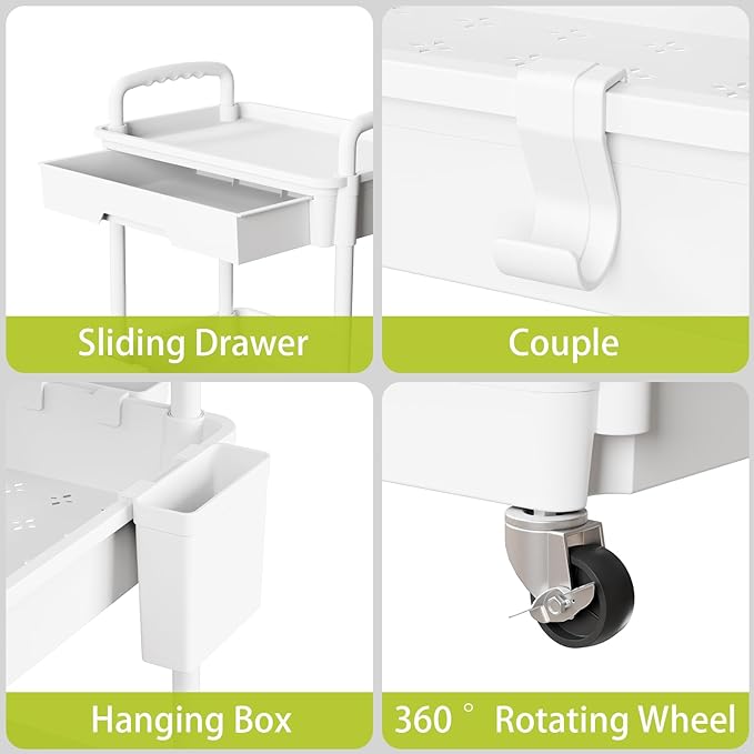 3 Tier Rolling Cart Organizer,Laundry Room Bathroom Organizers and Storage Office Shelves Mobile Shelving Unit Kitchen Trolley Cart with Wheels for Art,Craft,Diaper,Bedside,Snack(White)