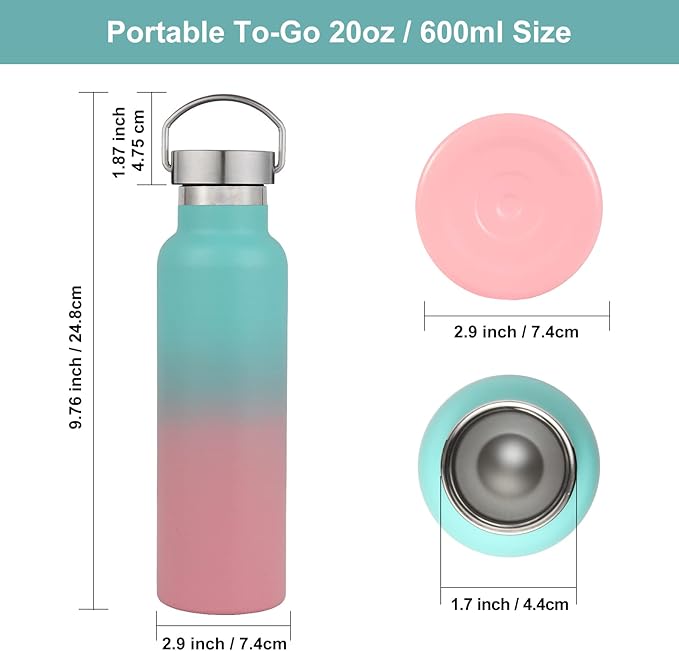 Neihepal 20 oz Insulated Water Bottles Bulk 4 Pack,Stainless Steel Double Wall Sport Bottle with Lid of Handle,Metal Reusable Thermoses Flask for School,Cyclists,Hikers,Gift (Green-Pink,Set of 4)