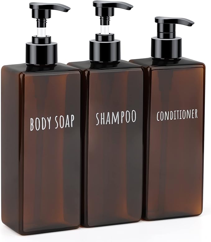 Segbeauty 16.9oz Lotion Dispenser, 3pcs Refillable Square Shampoo Bottles with Pump, 500ml Empty Plastic Bathroom Shower Bottles Liquid Soap Container Body Wash Dispenser for Home Hotel Travel Amber