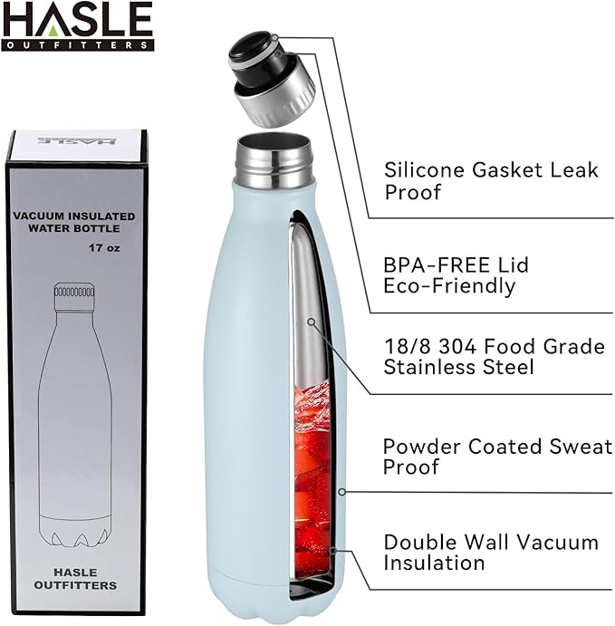 HASLE OUTFITTERS 17oz Stainless Steel Water Bottles, Vacuum Insulated Water Bottles Double Walled Powder Coated Reusable Metal Sports Water Bottles Keep Drinks Hot and Cold,Sky Light Blue, 1Pack
