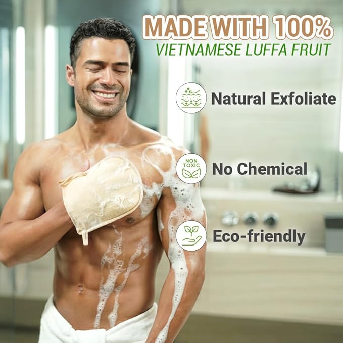 Premium Vietnamese Natural Loofah Gloves – Exfoliating Body Scrubber Mitts with Thumb Holes, Easy Grip Design, for Men & Women, Shower & Bath (Pack of 2)