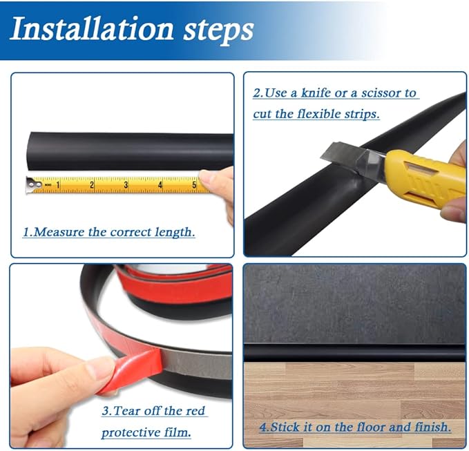 Floor Transition Strip Self Adhesive Carpet & Flooring Transitions Edging Trim Strip PVC Threshold Transitions Suitable for Threshold Height Less Than 5mm (10Ft, Black)