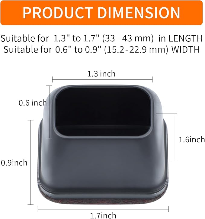 Ezprotekt 8 Pcs Rectangle Black Felt Chair Leg Floor Protectors for Hardwood Floors, Rectangle Silicone Chair Leg Caps, Furniture Leg Covers Cups for Chair Table (Fit L :1.3-1.7", W: 0.6-0.9")