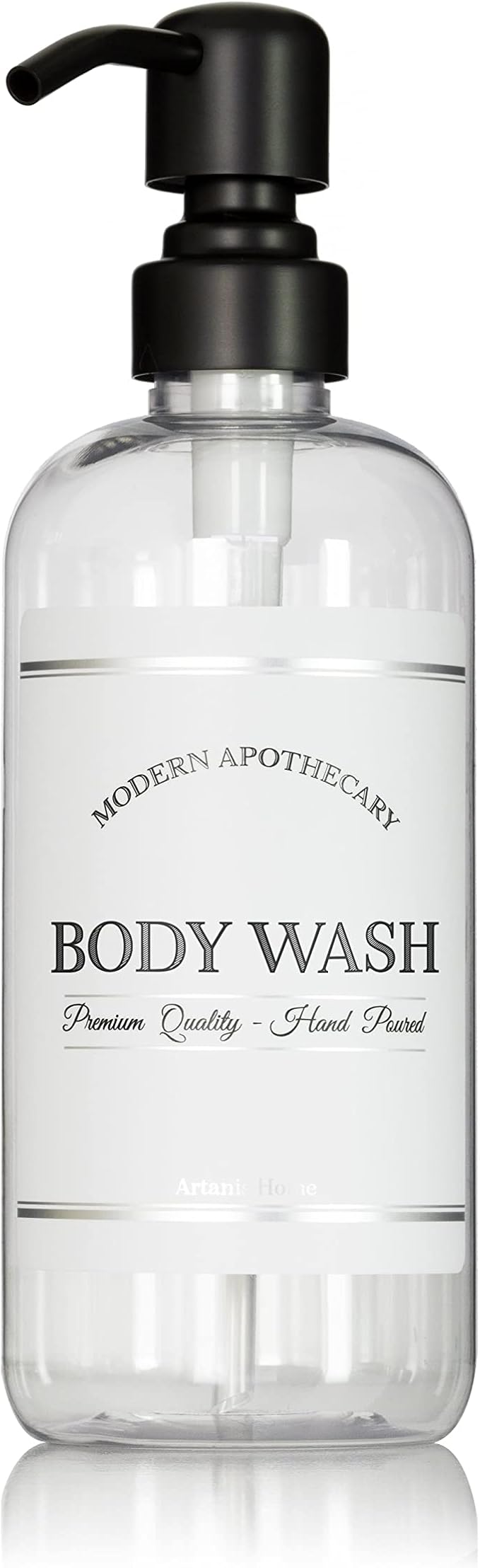 Refillable Clear PET Plastic 16 oz Body Wash Bottle with Black Satin Pump Dispenser - Chrome Accent Waterproof Labeled Bottle
