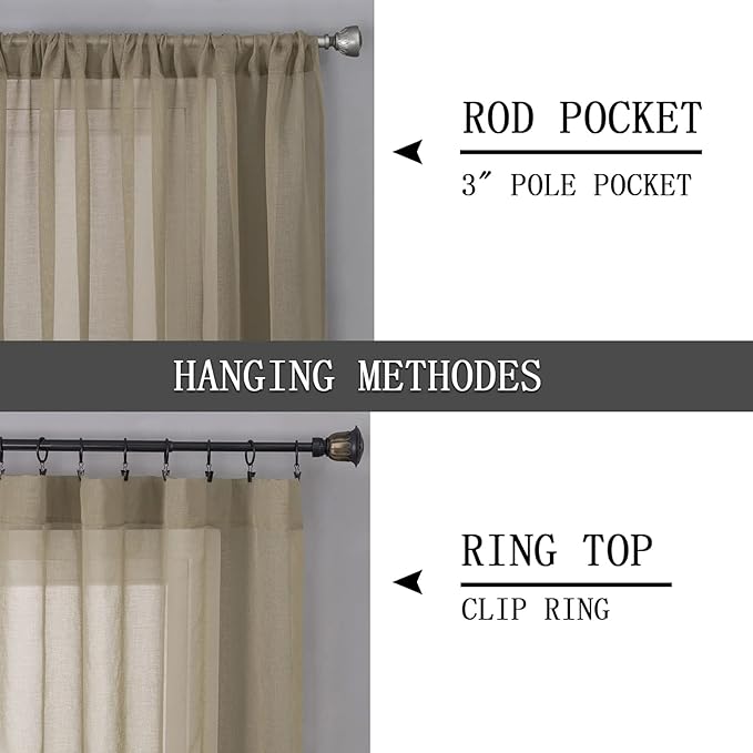 Tollpiz Short Sheer Curtains Living Room Linen Textured Curtain Sheers Light Filtering Voile Rod Pocket Curtains for Bedroom, 38 x 45 inches Long, Taos Taupe, Set of 2 Panels