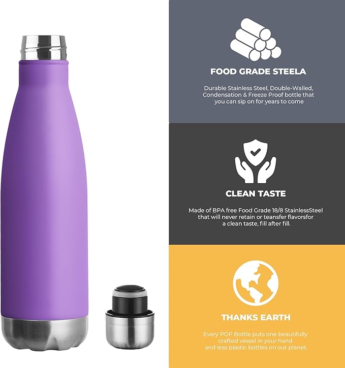 MEWAY 17oz Sport Water Bottle 8 Pack Vacuum Insulated Stainless Steel Leak-Proof Double Wall Cola Shape Water Bottle,Keep Drinks Hot & Cold (Purple,8 Pack)