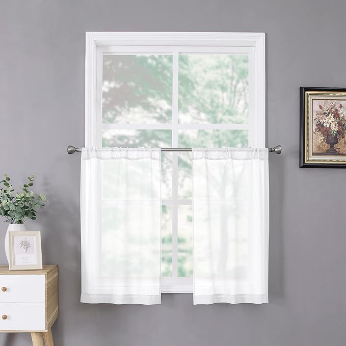 Tollpiz Short Sheer Tier Curtains Linen Textured Half Kitchen Curtain Sheers Light Filtering Rod Pocket Voile Small Curtain for Bathroom, 25 x 24 inches Long, White, Set of 2 Panels