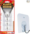 KLAPiT Super Hook - Heavy-Duty Adhesive Wall Hooks, Holds Up to 11 lbs, Waterproof, No Damage, Easy Install on Tile, Wood, Stone, Glass & Metal - Made of Steel (Clear, 4pc)