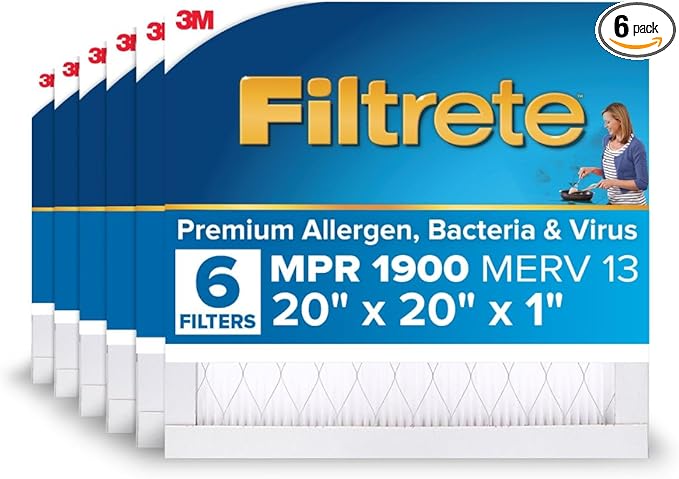 Filtrete 20x20x1 AC Furnace Air Filter, MERV 13, MPR 1900, Premium Allergen, Bacteria & Virus Filter, 3-Month Pleated 1-Inch Electrostatic Air Cleaning Filter, 6-Pack (Actual Size 19.69x19.69x0.78 in)