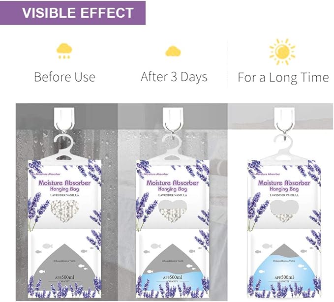 CANAGER Hanging Moisture Absorber, Lavender Vanilla Moistureproof Hanging Bag，Dehumidifier Bag (8 packs) Hanging Closet Dehumidifier Bags, Moisture Absorb 12.5 oz