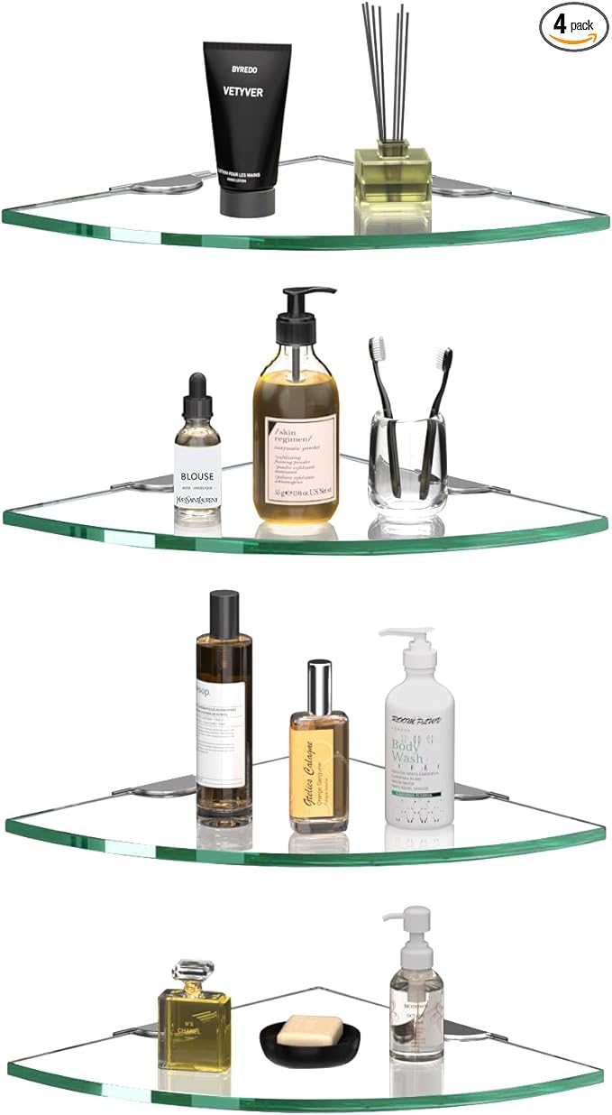Corner Glass Shower Caddy 4 Pack 8MM-Thick Tempered Glass Shelf No Drilling Wall Mount Corner Mounted Shelves Space Saver Adhesive Bathroom Home Shelf Shampoo Holder Organizer Strong Adhesion