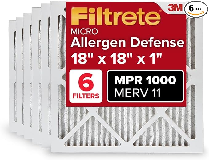 Filtrete 18x18x1 AC Furnace Air Filter, MERV 11, MPR 1000, Micro Allergen Defense, 3-Month Pleated 1-Inch Electrostatic Air Cleaning Filter, 6 Pack (Actual Size 17.81x17.81x0.81 in)