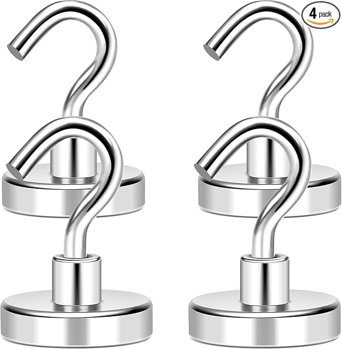 MIKEDE Magnetic Hooks, 80Lbs+ Heavy Duty Magnetic Hooks for Cruise Cabins, Super Neodymium Hanging Hooks Strong Magnets with Hook for Fridge, Magnetic Hanger for Grill, Toolbox, Storage, 4 Pack
