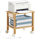Lerliuo Under Desk Printer Stand with Charging Station, 2 Tier Wooden Small Printer Table with Storage, Rolling Printer Cart Shelf with Lockable Wheels for Home, Office (Natural)