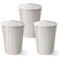 Plexon Round Trash Can 13 Gallon, Vintage Metal Outdoor Trash Can with Lid, Retro Farmhouse Garbage Container, Old School Modern Ash Bucket, Beige 3 Pack