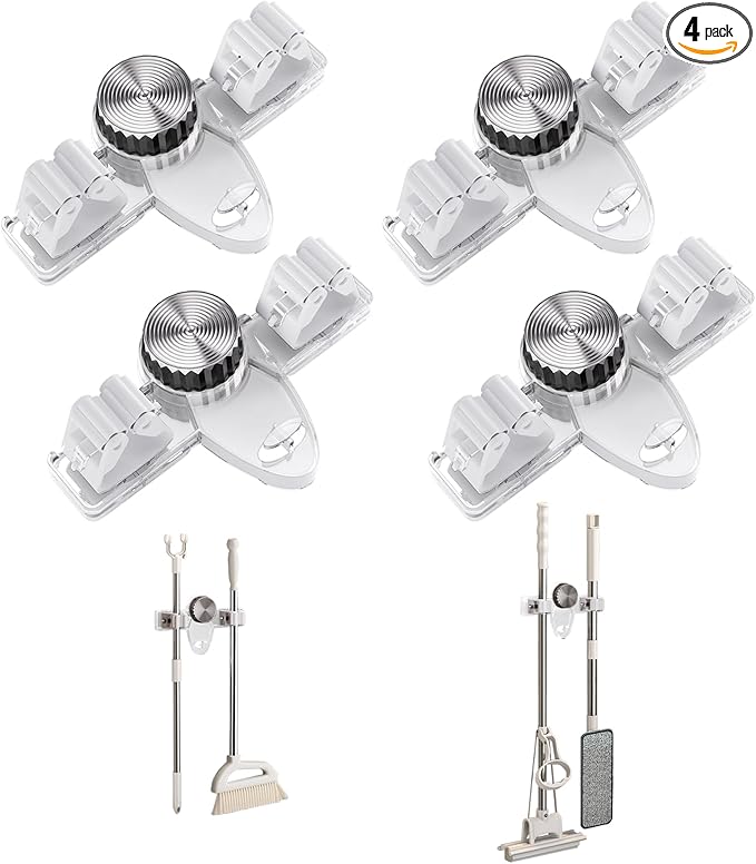 Mop and Broom Holder Wall Mount, No Punching Required Broom and Mop Organizer Wall Hanging with Hooks for Bathroom, Laundry Room, Garage, Kitchen,Garden Tool Organizer Storage (4pcs Transparent)