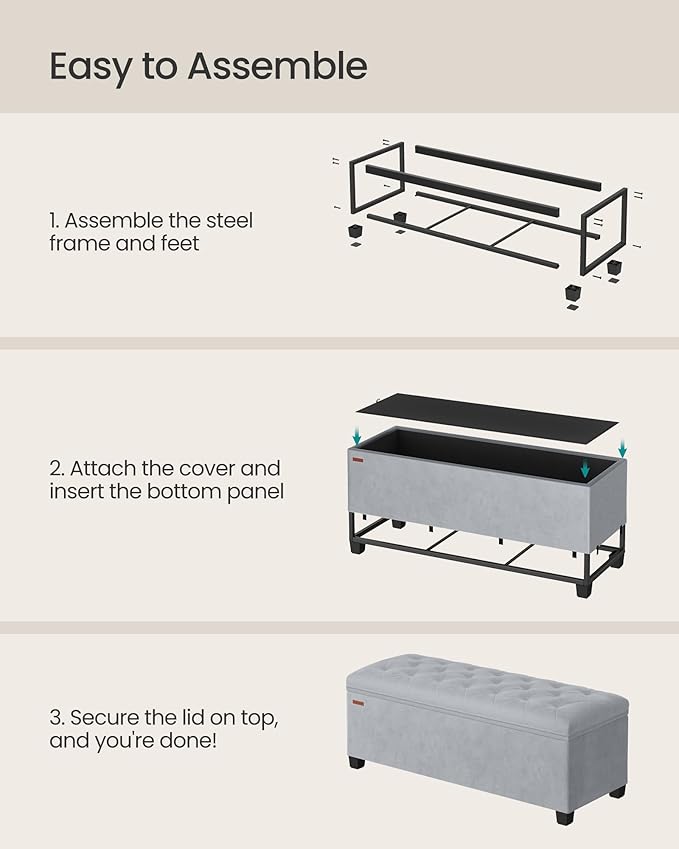 SONGMICS Velvet Storage Ottoman Bench, Foot Rest with Legs, 15.7 x 43 x 15.7 Inches, End of Bed Bench, Storage Chest, Load up to 660 lb, for Living Room, Bedroom, Entryway, Dove Gray ULSF089G02