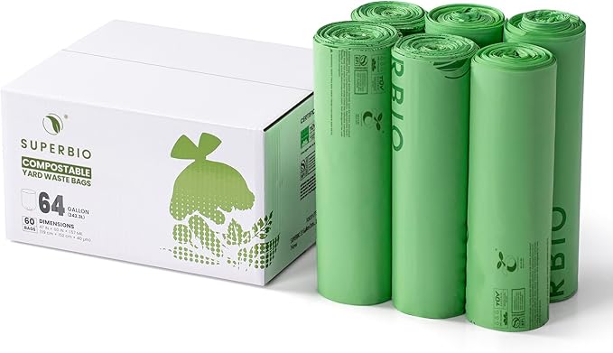 SUPERBIO 64 Gallon Compostable Yard Waste Bags, Lawn & Leaf Bags, 242.3L (60 Count Bulk), Heavy Duty 1.57 Mils, BPI and OK compost INDUSTRIAL