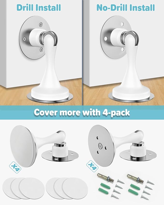 Magnetic Door Stoppers Door Catch - 4 Pack Stainless Steel Heavy Duty Door Stops for Bottom of Door, Wall & Floor Mounting No-Drill Strong Adhesive & Screws, Strong Door Holder to Keep Door Open