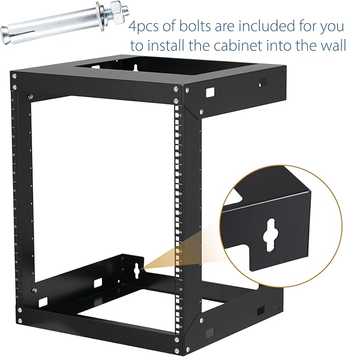 12U Wall Mount Rack Open Frame 19 Inch Server Equipment 2 Post Network Cabinet 18 inches Depth Black by Tedgetal