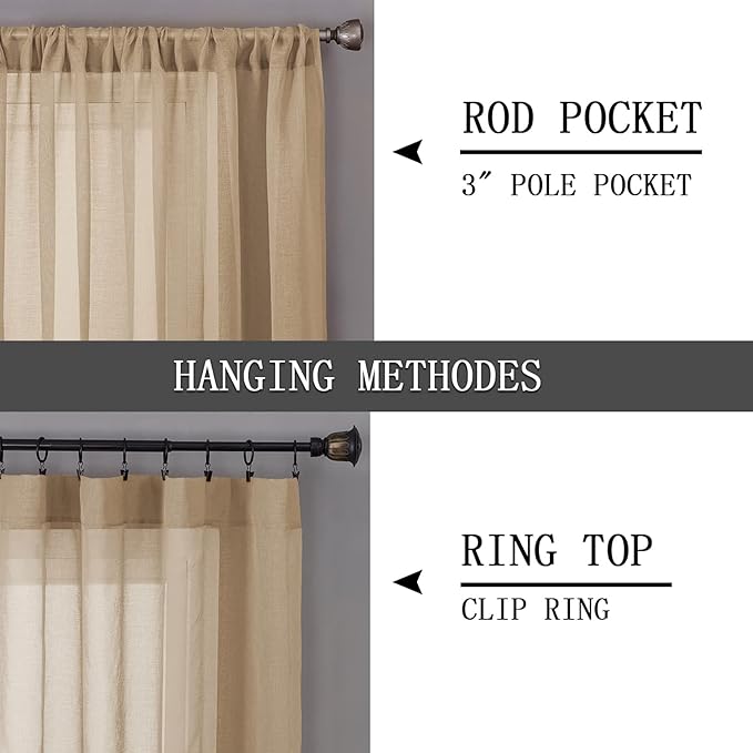 Tollpiz Sheer Curtain Linen Textured Bedroom Curtains Sheer Light Filtering Rod Pocket Voile Curtain for Living Room, 54 x 95 inches Long, Beige, Set of 2 Panels